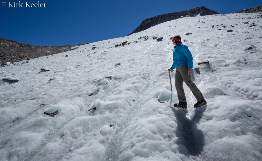 Shauna looks above her at the expanse of the once-active Lyell Glacier